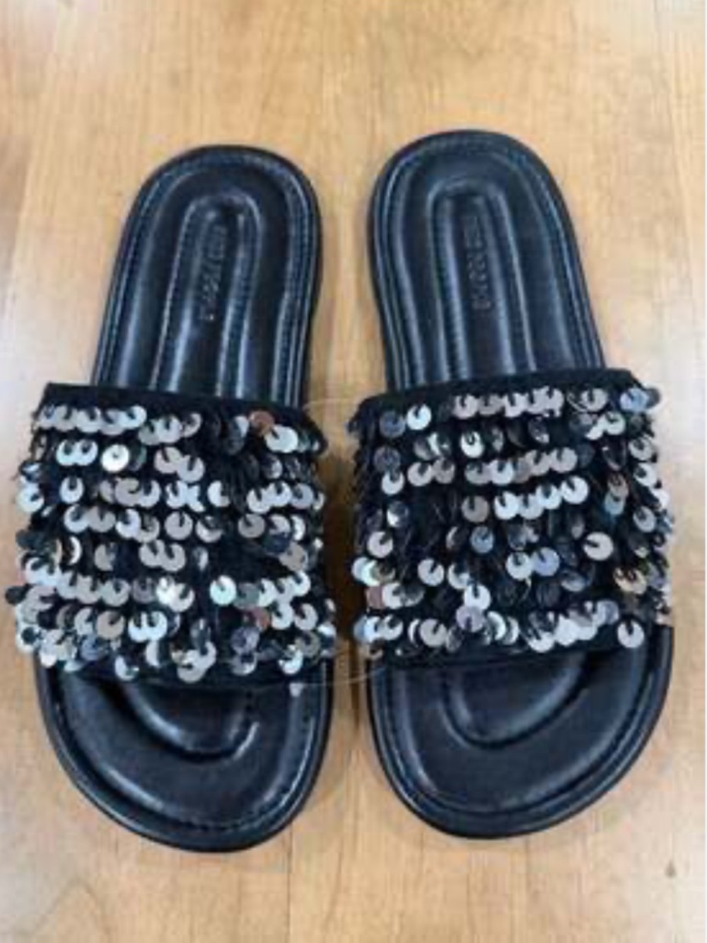 Free People Black Sequin Slide Sandals with Silver Accents